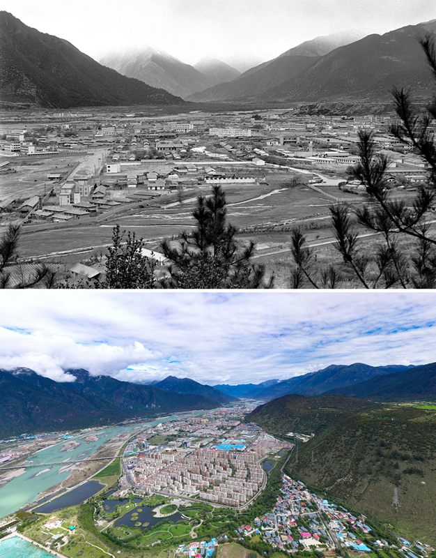 拼版照片：上圖是20世紀90年代的西藏林芝八一鎮；下圖是2021年7月20日拍攝的西藏林芝八一鎮風貌。